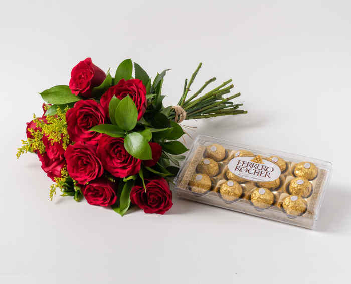 Buquê de 12 Rosas Vermelhas e Chocolate | Isabela Flores
