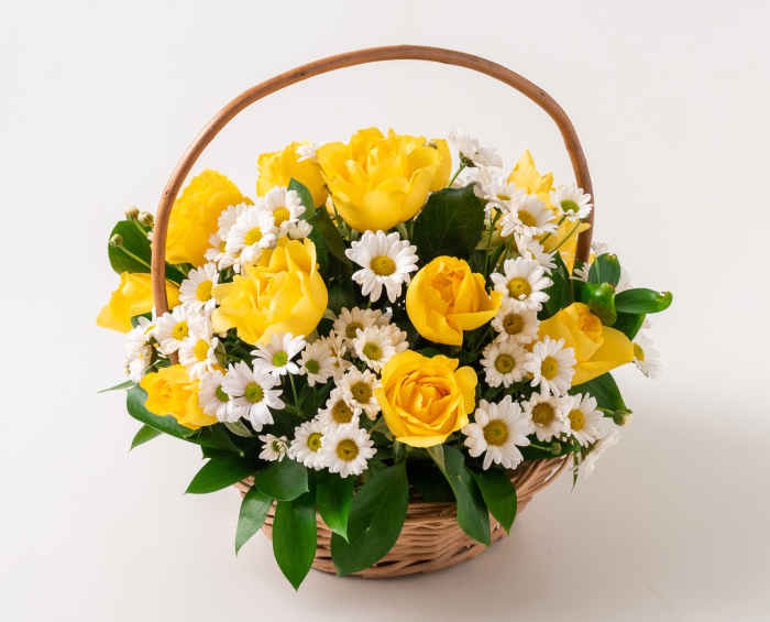 Cesta com Rosas e Margaridas Amarelas e Brancas | Isabela Flores